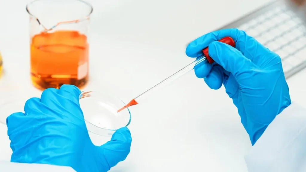 Gloved laboratory researcher transferring a sample with a pipette.