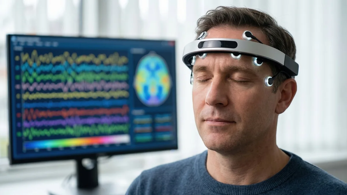Research participant wearing an EEG headset beside brainwave data monitors.