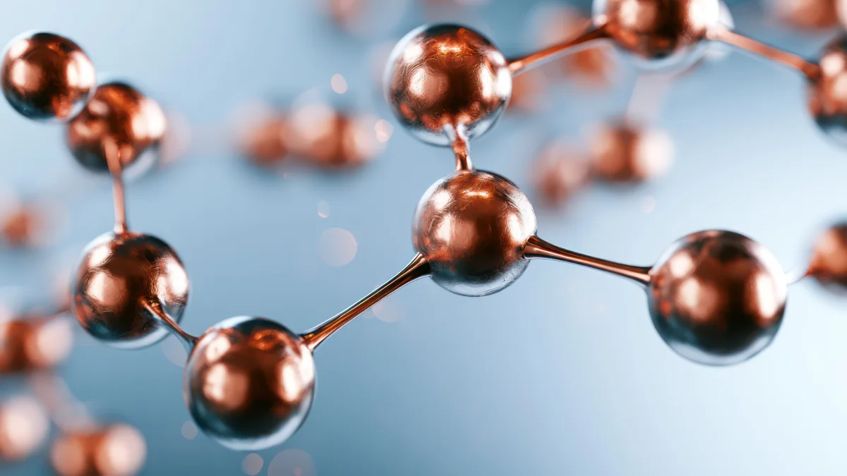 Copper-toned molecular model used as an editorial illustration of peptide structure.