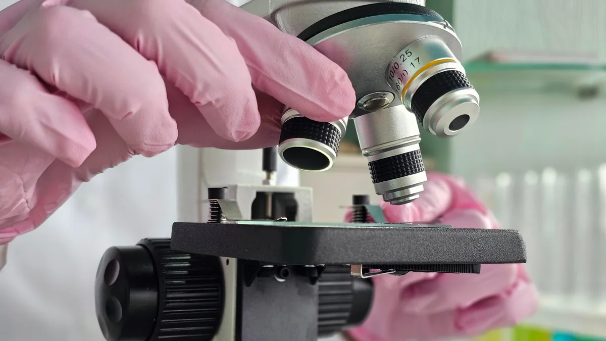 Gloved laboratory researcher positioning a prepared sample under a microscope.
