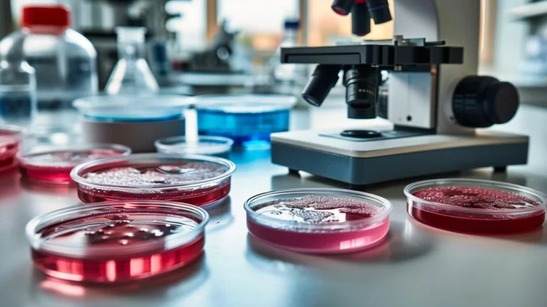 Petri dishes and a microscope in a laboratory research setting.