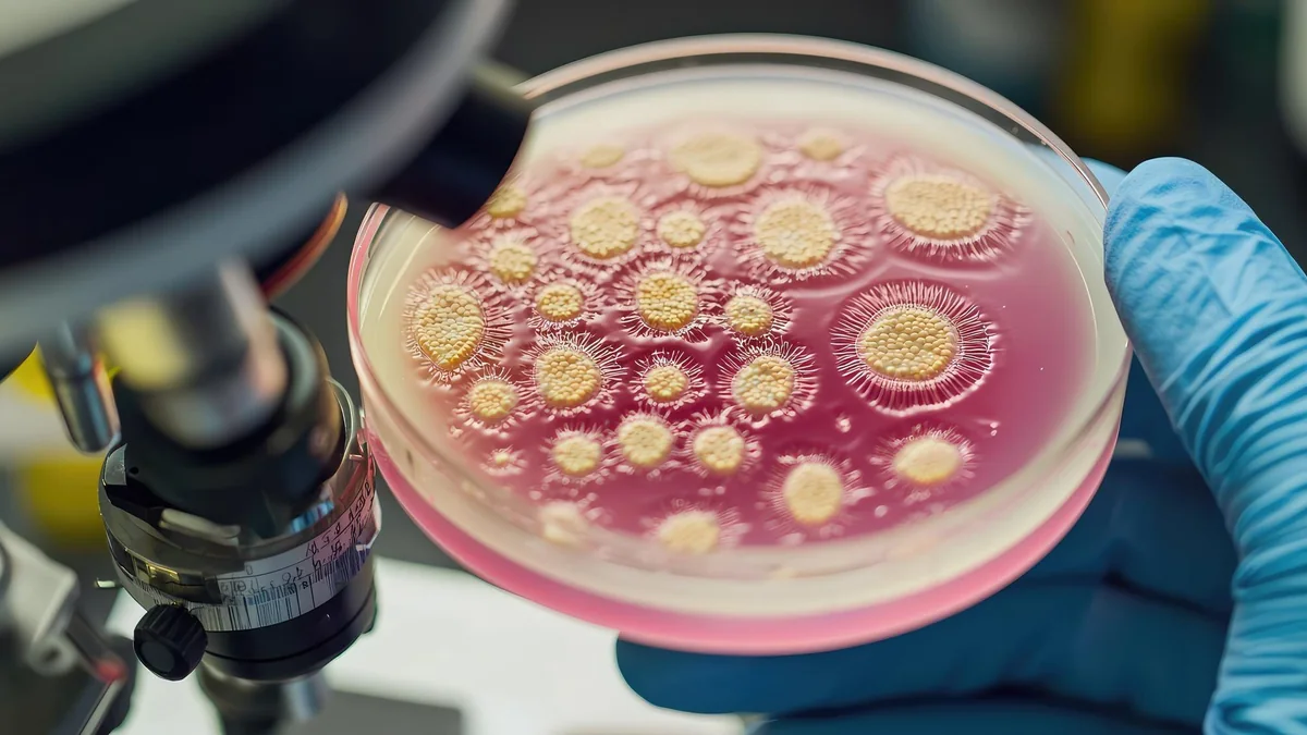 Petri-dish culture sample being examined beside a laboratory microscope.