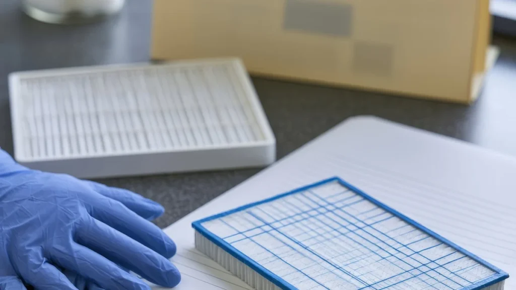 Gloved laboratory workspace with packaging and documentation for vendor review.