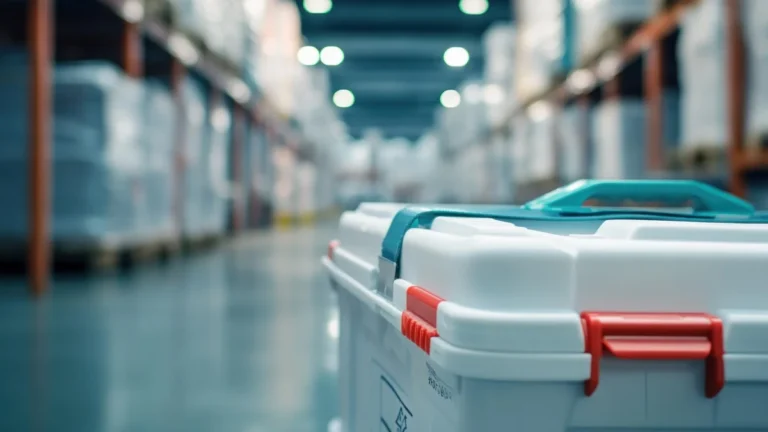 Insulated cold-storage container in a warehouse setting.