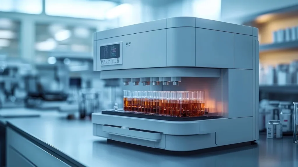 Automated analytical laboratory equipment used for sample testing.